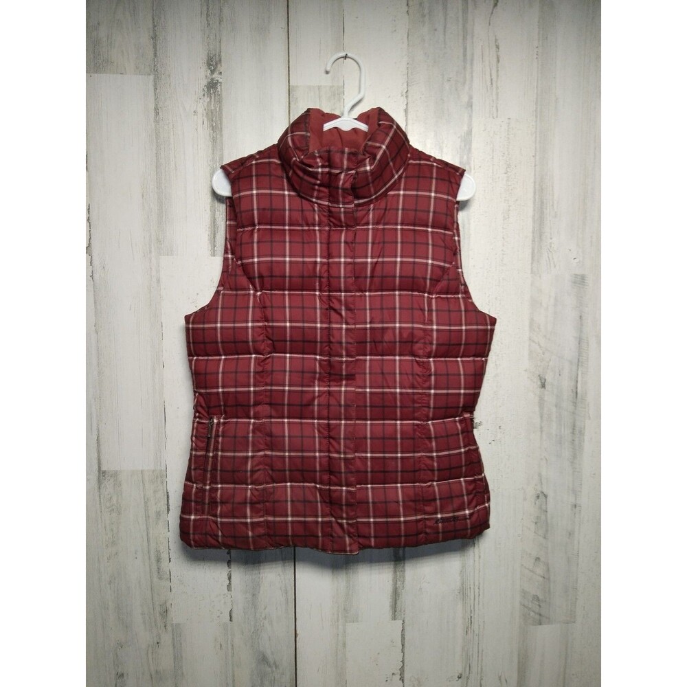 EDDIE BAUER M MULTI RED PLAID PREM. GOOSE DOWN/ FULL ZIP PUFFER VEST Pre-Owned